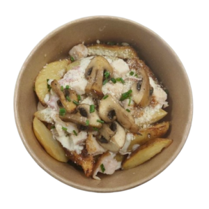 Pollo a la carbonara con patatas y champiñones