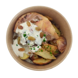 Pollo relleno de setas y pasas con patatas