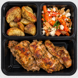 .Contramuslo de pollo + patatas + zanahoria con feta y almendras
